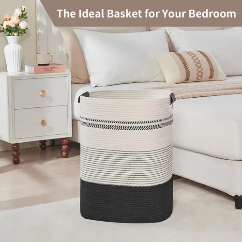 Vista 5 de DOFASAYI Cesta de Ropa Sucia - Cesta de Lavandería Grande de 85L con Asas de Cuero, Cesta de Almacenamiento Decorativa para Mantas - Cesta de Ropa