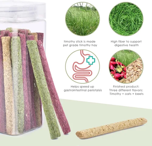 Vista 7 de ERKOON 25 palitos de heno Timothy y pasteles, juguetes masticables de conejo para dientes, Timothy Grass Chew A, palitos molares para conejitos