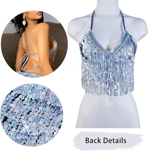 Vista 5 de Conjunto de falda para danza del vientre, lentejuelas brillantes, flecos, borlas y faldas cortas, para festivales y raves para mujer