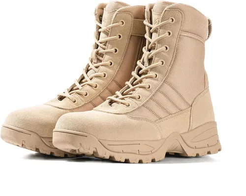 Vista 8 de Botas militares tácticas de trabajo para hombre, de piel negra, impermeables, para motocicleta, combate, militar, con cremallera lateral