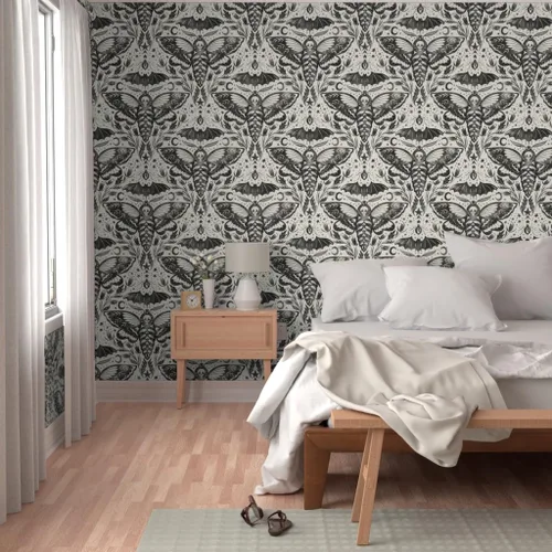 Vista 5 de Muestro de papel tapiz extraíble – Acuarela Cráneo Polilla Damasco Negro Blanco Flor Estrellas Elegante Tinta Magia Papel pintado personalizado