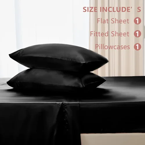 Vista 6 de Juego de sábanas de satén CozyLux de microfibra sedosa con bolsillo profundo, sábana bajera plana y fundas de almohada, suave y suave