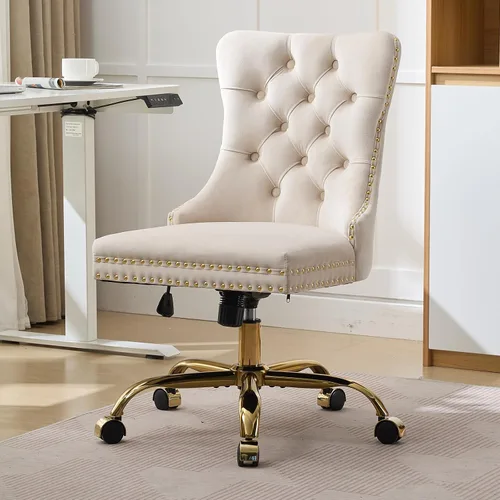 Vista 2 de Silla de escritorio de terciopelo beige para oficina en casa con ruedas y base dorada, linda silla de tocador con respaldo acolchado para mujeres