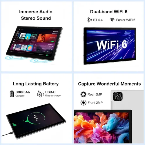 Vista 4 de Tableta, tableta Android 14 de 10 pulgadas, procesador Octa-Core, 12 GB de RAM + 128 GB de ROM, pantalla táctil IPS HD 1280x800, batería de 6000