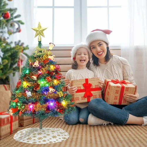 Vista 7 de Mini Christmas Tree, 24"/60cm Tabletop Artificial Christmas Tree with Ornaments & LED String Lights, Small Desktop Xmas Tree with Tree Skirt for