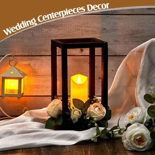 Vista 4 de Sabary 30 linternas de eucalipto para boda, centro de mesa, incluye portavelas de madera, sin pilas, velas, coronas de rosas para decoración de mesa