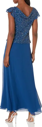 Vista 2 de J Kara Vestido largo de manga con volantes y cuello vuelto con cuentas para mujer