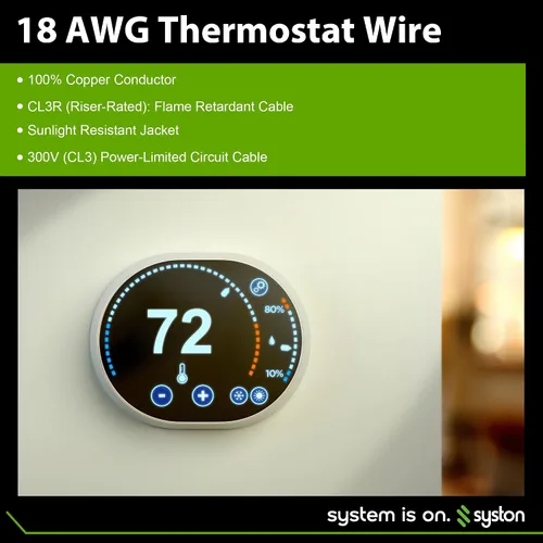 Vista 7 de Syston 18/2 Cable de control de termostato y timbre HVAC para calefacción, conductores 100% de cobre sólido CL3R/FT4/CMR nominal UL/ETL, resistente