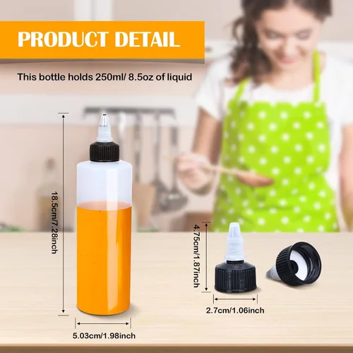 Vista 2 de Honeydak 30 botellas de plástico Boston de 8.5 onzas para salsa, dispensador de condimentos vacío con tapa giratoria y 2 embudos, ideal para salsa