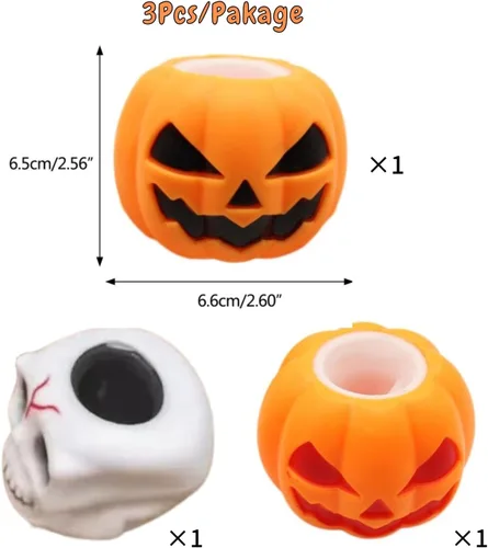 Vista 2 de Juguetes para apretar de Halloween, diseño de calabaza malvada, diseño de calabaza malvada, fantasma, cráneo, murciélago, juguetes para la ansiedad
