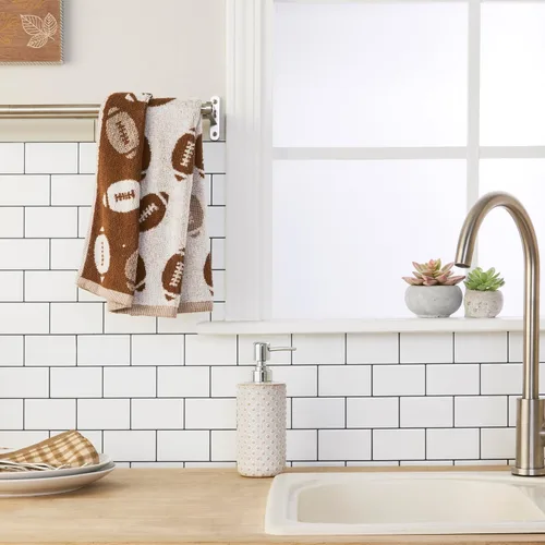 Vista 4 de SKL Home Set de 2 toallas de mano de fútbol de otoño/otoñal Jacqaurd 100% algodón para baño/cocina/bar y regalo, color marrón claro