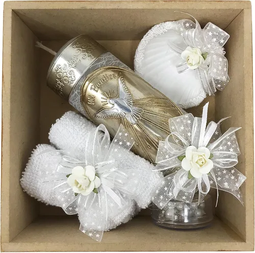 Vista 2 de Arcangeles Mexicanos - Juego de velas católicas de bautismo en caja de madera con toalla, vela, rosario y concha para bebés niños y niñas. Hecho a