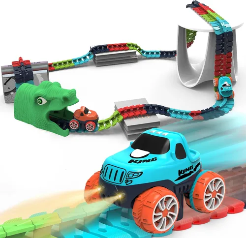 Vista 8 de Juguete de Pista de Carreras para Niños con Coche con Luz LED, Pista de Carreras Eléctrica Flexible Intercambiable con Batería para Niños y Niñas
