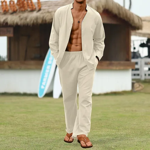 Vista 2 de CTU Conjunto de 2 piezas de lino para hombre, manga larga, cuello en V, camisas con botones, para verano, vacaciones, pantalones de yoga sueltos
