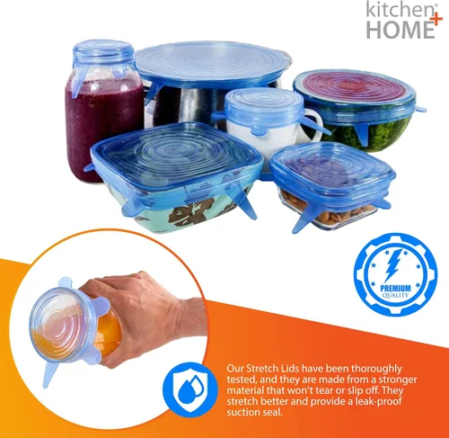 Vista 2 de Cocina + tapas de silicona extensibles – Juego de 6 cubiertas de silicona para almacenar alimentos – sin BPA, Assorted, Azul