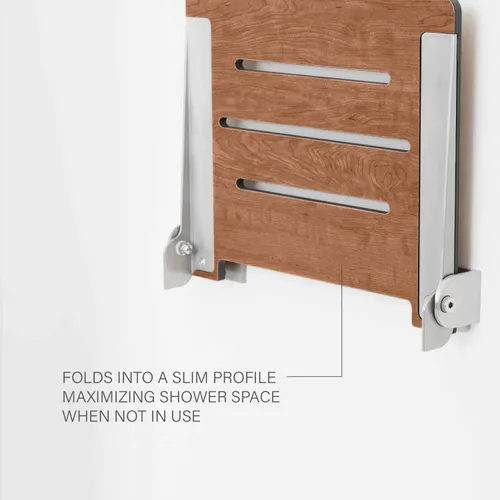 Vista 8 de Seachrome Asiento de ducha plegable Silhouette Slimline de 18 pulgadas, para montaje en pared, asiento rústico de teca con marco plateado