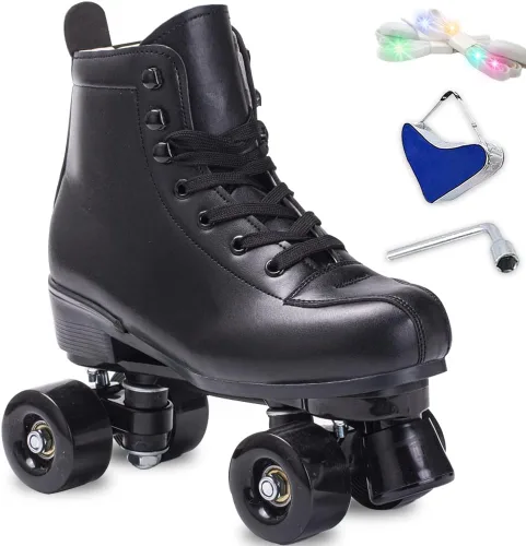 Vista 7 de Patines de ruedas para mujeres y hombres, de piel sintética, patines clásicos de doble fila, patines de cuatro ruedas para interiores y exteriores