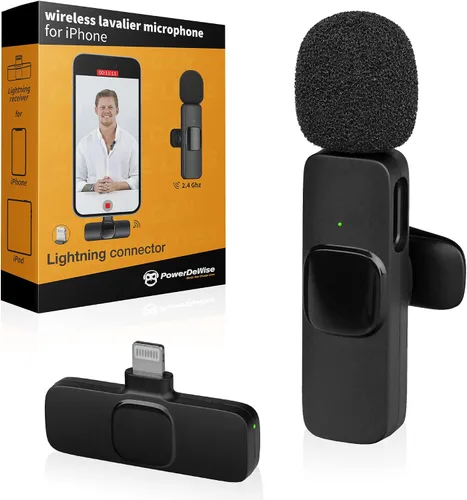 Vista 7 de PowerDeWise Micrófono de solapa Lavalier inalámbrico profesional para iPhone, iPad - Micrófono de grabación de condensador omnidireccional dual