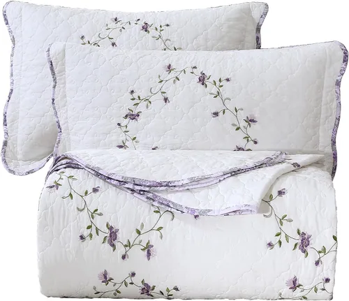 Vista 8 de vctops - Juego de colcha de 3 piezas, elegante, con bordado floral, de tamaño individual, 100% algodón, reversible y de retazos, 1 colcha y 2 fundas