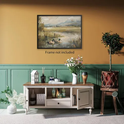 Vista 3 de Haitunone Póster de estanque de pato real con animales de granja, arte de pared, pintura de pato vintage, pintura al óleo, cazador de pájaros