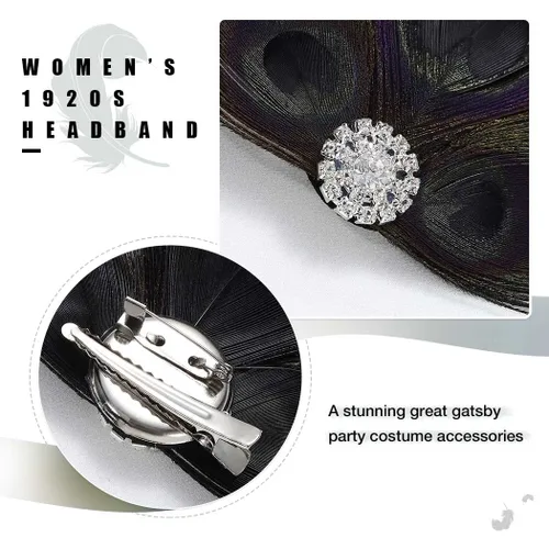 Vista 6 de GORTIN Diadema Art Deco con clip de plumas negras de los años 20 con diamantes de imitación de pavo real para mujeres, niñas, fiestas, bailes