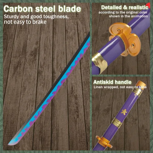 Vista 4 de Adust Espadas Roronoa Zoro de acero al carbono, espada de anime de metal real, disfraz de cosplay de Roronoa Zoro de 41 pulgadas en general, espada