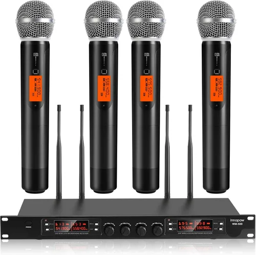 Vista 7 de Innopow Sistema de micrófonos inalámbricos de 200 canales, set de micrófonos inalámbricos de metal UHF dual, escaneo automático, largo alcance