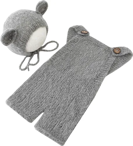 Vista 3 de Vemonllas Accesorios de fotografía para recién nacidos trajes para niños y niñas gorro de oso mohair y con pantalones de tirantes accesorios
