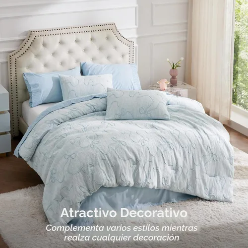 Vista 2 de Bedsure - Juego de edredón individual/King, juego de cama bohemio azul polvo capitoné, 3D, tipo jacquard, 2 piezas: 1 edredón estilo rústico chic