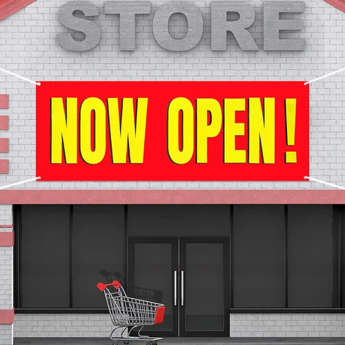Vista 5 de Banner grande "Now Open" (abierto) para interior y exterior de poliéster, tela Oxford, letrero "Now Open" colgante para decoración de césped, Fondo