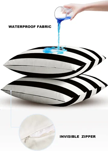 Vista 4 de Fundas de almohada de exterior impermeables de 16 x 16 pulgadas, fundas de almohada de poliéster con rayas blancas y negras, fundas decorativas