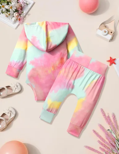 Vista 5 de KANGKANG Ropa de bebé recién nacida con capucha de manga larga + pantalones de teñido anudado para otoño e invierno