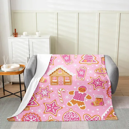 Vista 7 de jejeloiu Manta de Navidad rosa de 40 x 50 pulgadas, manta de franela de forro polar de franela de muñeco de nieve para sofá, árbol de Navidad, manta