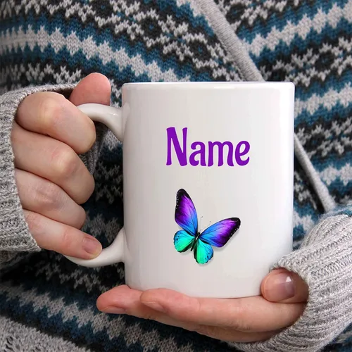 Vista 2 de Taza de café con nombre personalizado, mariposa morada (11 onzas)