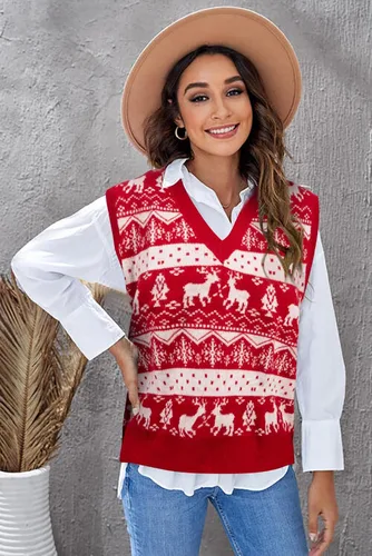 Vista 2 de JULYCLO Suéter de Navidad para mujer, suéter feo de Navidad, suéter de punto de reno, casual, Papá Noel, copo de nieve, cuello en V, sin mangas