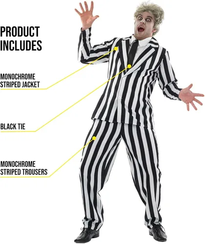 Vista 3 de fun shack Black and White Striped Suit Men Costume, Spooky Halloween Costumes for Men, Scary Halloween 80s Movie Costumes