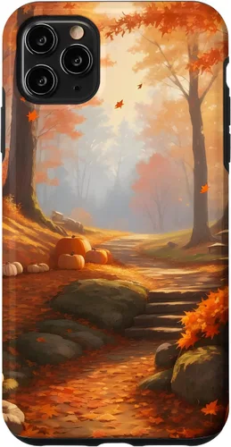 Vista 13 de iPhone 13 Pro Max Idílica escena del bosque de otoño, hojas de otoño, funda de calabazas