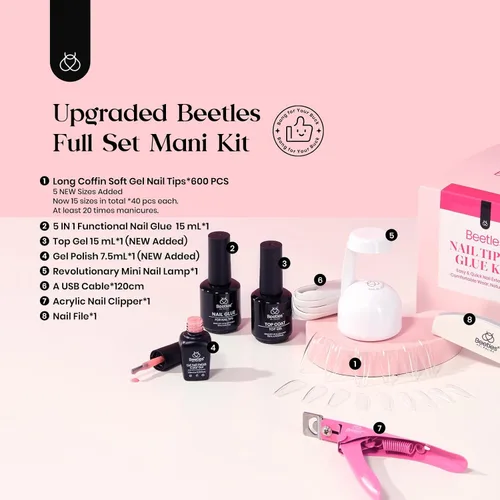 Vista 7 de Kit de Uñas de Gel Beetles 600Pcs Puntas de Uñas de Ataúd Largo con Esmalte de Gel Rosa, Capa Superior, 15 Tamaños de Uñas Autoadhesivas
