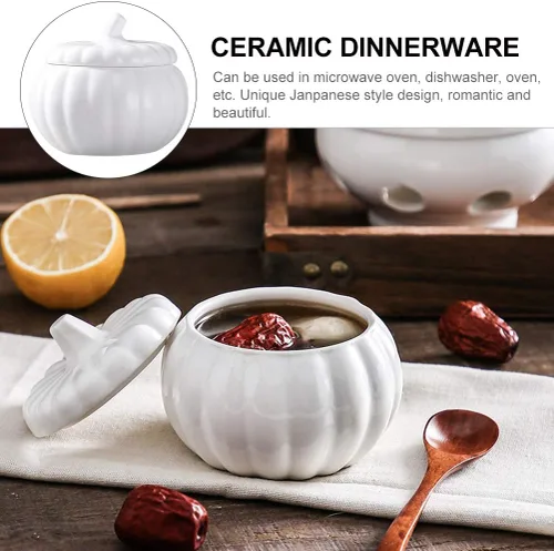 Vista 4 de BESTonZON Cuenco de sopa de cerámica con tapa de 4.13 pulgadas cubierto para estofado, plato de porcelana para postres de calabaza y guisos, vajilla