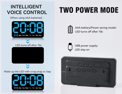 Vista 3 de Reloj de pared digital grande de 9.5 pulgadas con pantalla LED, DST automático, alarma dual con repetición, brillo ajustable, visualización
