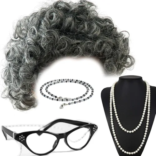 Vista 5 de Vibe - Conjunto de disfraz de peluca de anciana con collar de perlas, gafas, accesorios de cadena de vidrio, 5 piezas en total