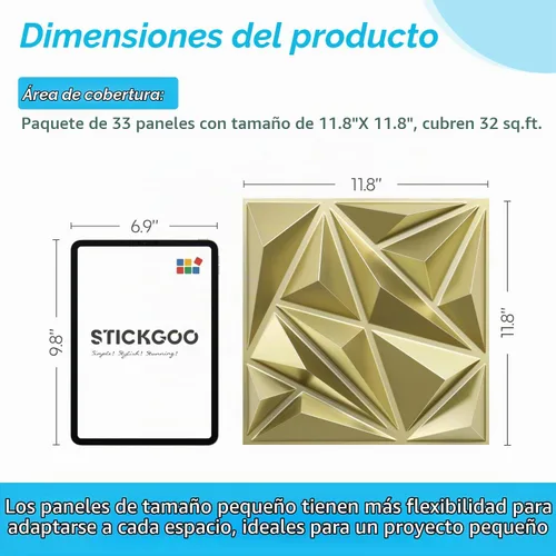 Vista 3 de STICKGOO Paneles de pared 3D para decoración de pared interior, paneles de acento de pared de diseño de diamante en oro champán, 30.5 x 30.5 cm