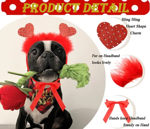 Vista 2 de Traje de San Valentín para perro, bandana para perro y diadema de corazón, disfraz de día de San Valentín para perro