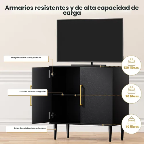 Vista 7 de Vrullu Gabinete de Almacenamiento Moderno, Gabinete de Buffet Independiente, Aparador Negro y Almacenamiento de Buffet, Muebles de Acento de Madera