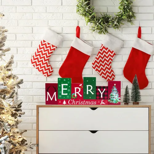 Vista 4 de Decoraciones de mesa de Navidad, centros de mesa de invierno de madera, Feliz Navidad, reversible, patrón de doble cara, letrero de pie para mesa