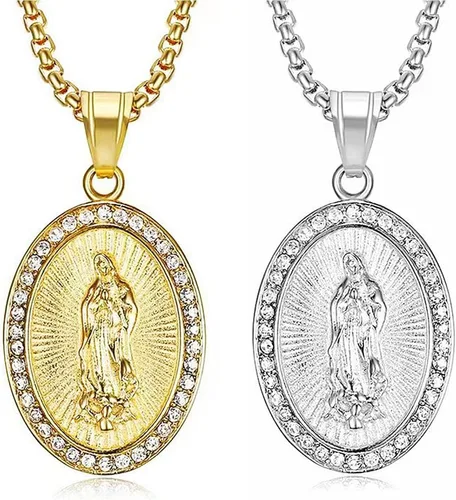 Vista 3 de Cadena con dije redondo de Santa María para hombre, collar con dije redondo de Santa María, para niño, momia, egipcio, Akhnaton, motociclista, acero