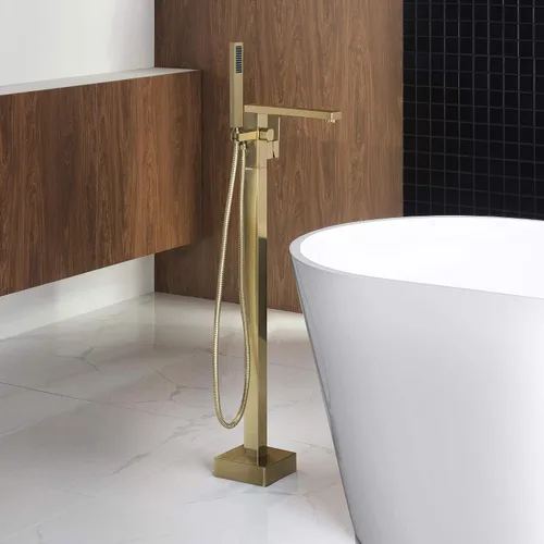 Vista 2 de WOODBRIDGE F0008BG - Grifo de llenado de bañera independiente de una sola manija contemporánea con ducha de mano en acabado dorado cepillado