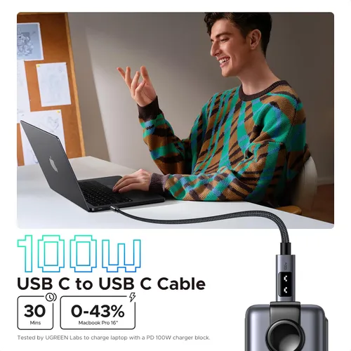 Vista 2 de UGREEN Uno - Cable USB C a USB C de 100 W, cable de carga rápida tipo C con pantalla LED para iPhone 17/17 Air/17 Pro/17 Pro Max/16, MacBook