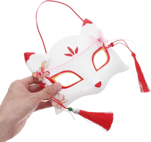 Vista 7 de SEWACC Máscaras tradicionales japonesas, máscara de zorro de anime japonés, zorro, cosplay, Kabuki, media cara para Halloween, fiesta de máscaras