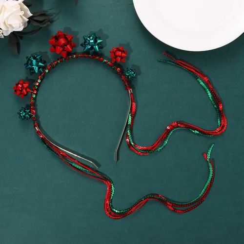 Vista 4 de Diadema de Navidad con lazo de Navidad, diadema de borla roja y verde, diadema de carnaval, disfraz de Navidad, accesorios para el cabello, regalos